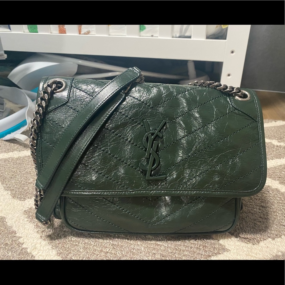 YSL Niki medium crinkled calf flap top shoulder bag in Green